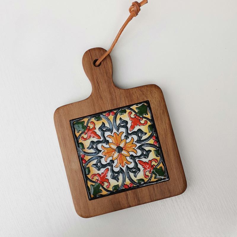Solid Wood Flower Brick Hand Pot Mat Insulated Cup Mat Retro Dining Mat Decoration for Home Restaurants Kitchen Table Mat Cup