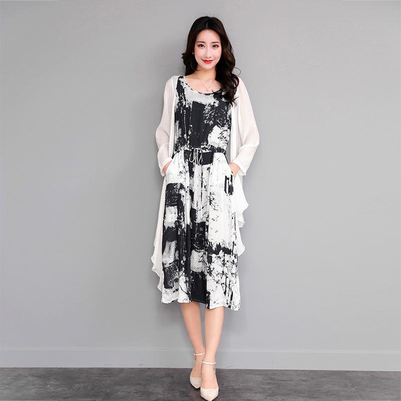 Summer Ethnic Ink Print Dress & Cardigan Set