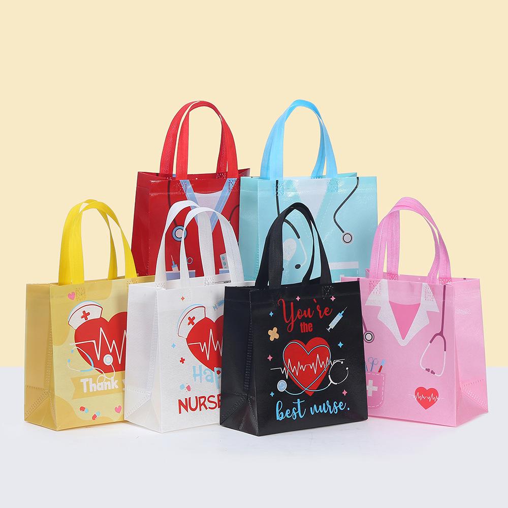 12/30pcs Nurses Day Gift Tote Bags Cartoon Nurse Print Non Woven Shopping Bags Party Favor Gift Packaging Bags