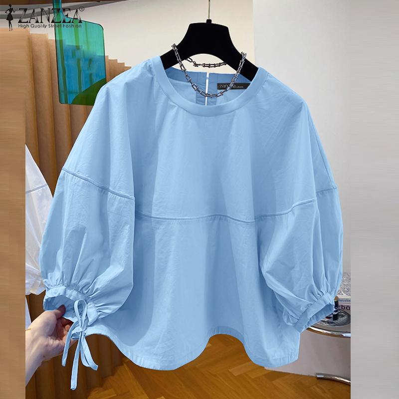 ZANZEA Women Casual Round Neck Solid Color Loose 3/4 Sleeve Blouse