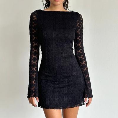 Herbst Mode Temperament Sexy Schlank Stricken Spitze Taille Kurzen Kleid Frau