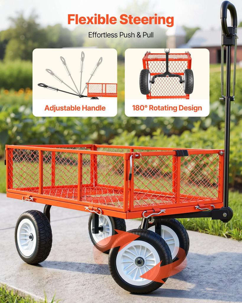 Carro de Jardín, 408,2 kg, Carro Utilitario de Acero de Alta Resistencia para Patio y Jardín con Ruedas de 10 Pulgadas, Taburete de Jardinería para Exteriores con Asa Ajustable, Desmontable