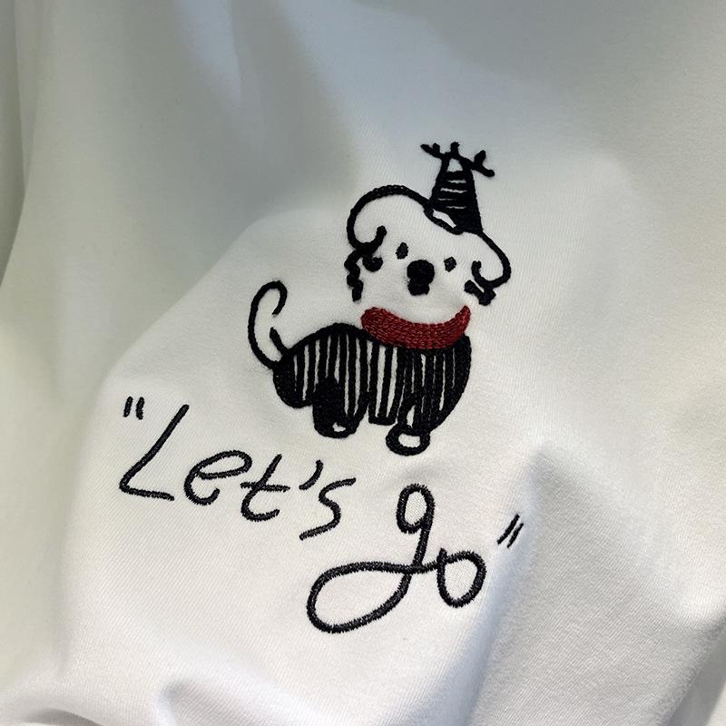 Korean Style Women's Cartoon Puppy Embroidery Red Scarf Short-Sleeve T-Shirt