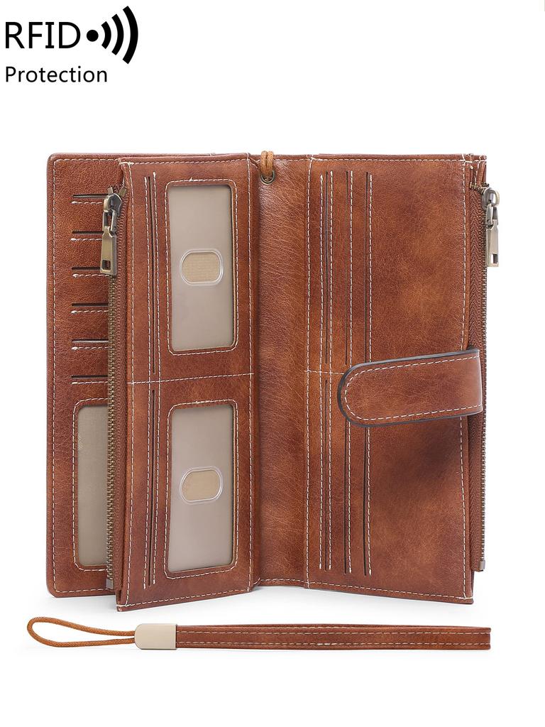 RFIDAnti-theft Trifold Ladies LongWallet Retro Multi-function Double Zipper Clutch Bag Multi-card Slot Coin Purse with Wristband