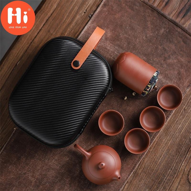 Hi Purple Clay Teacups Ceramic Portable Tea Set Including 1 Pot + 1 Tea Caddy + 4 Cups Teapot Outdoor Travel Kung Fu Gaiwan Gifts