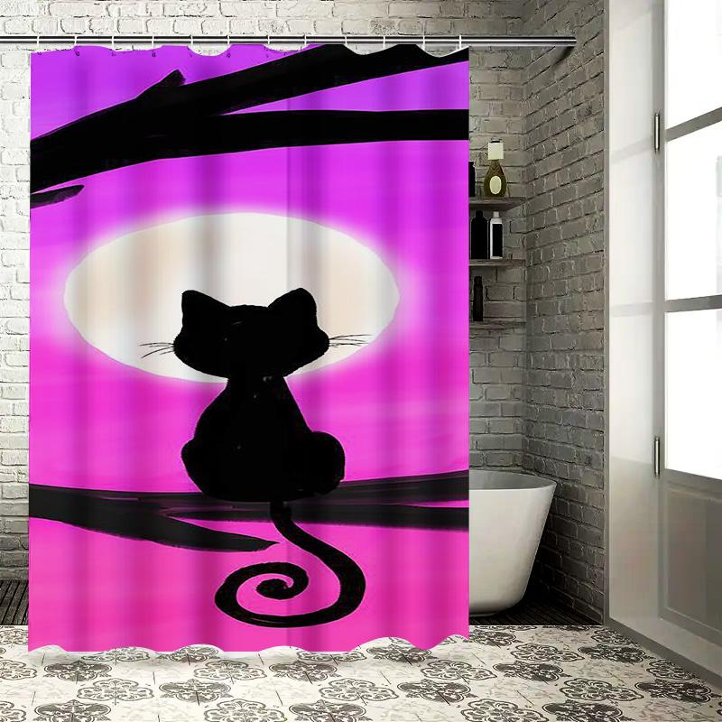 Black Cat on Branch Waterproof Shower Curtain Heat Resistant Machine Washable Non-Transparent 180x180cm
