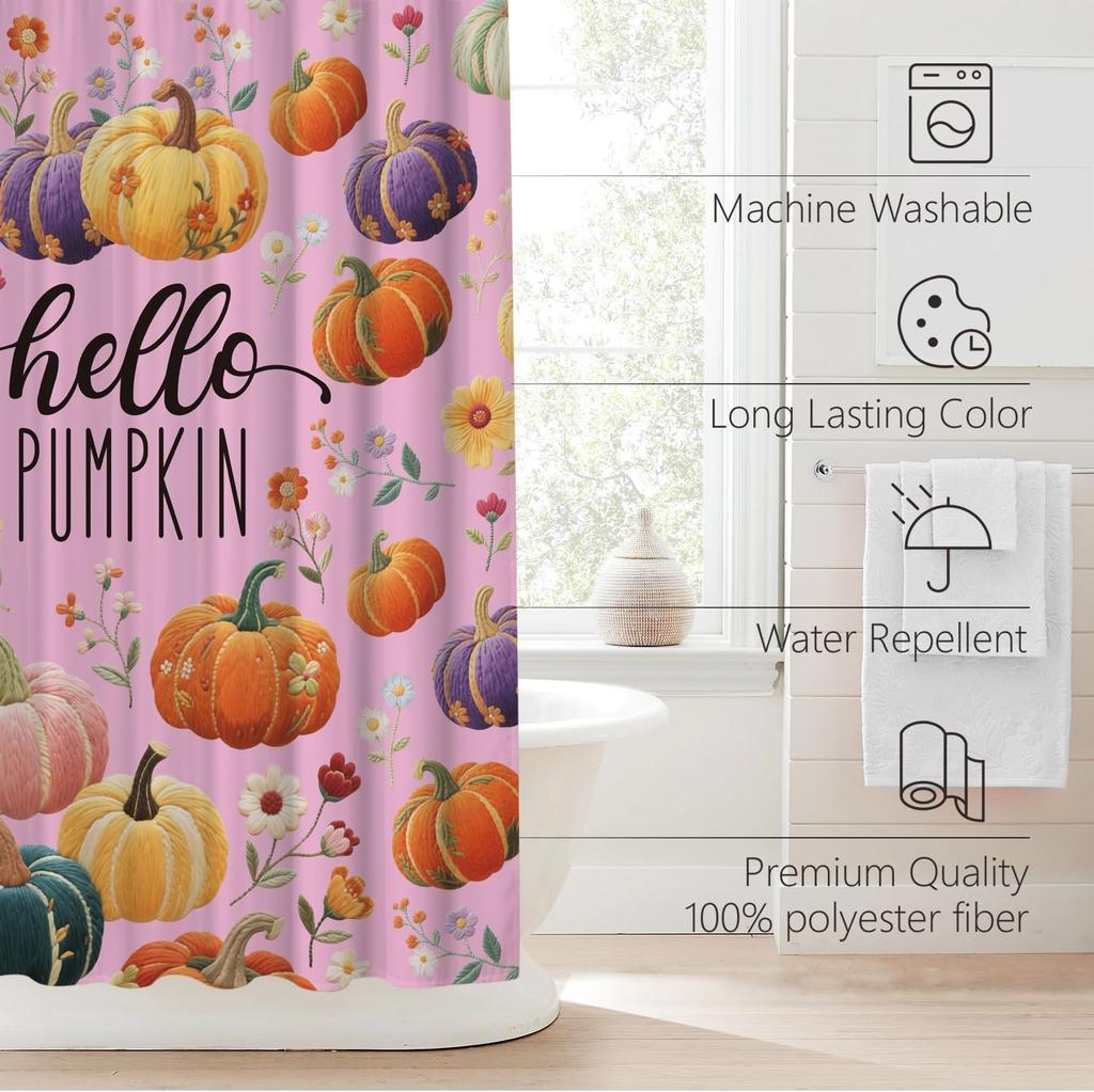 Fall Pumpkin Floral Shower Curtain with Thanksgiving Harvest Pattern, Waterproof Heavy Duty Washable Bathroom Decor
