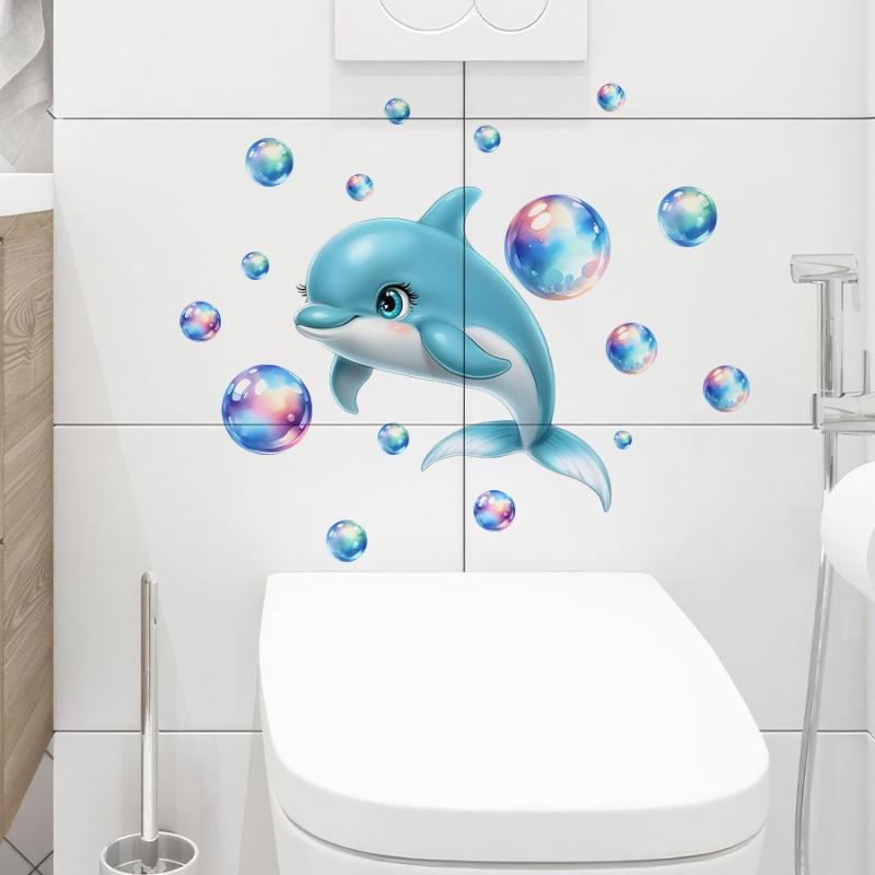 1 Sheet Ocean Theme Glow-in-the-Dark Dolphin Bubbles Wall Stickers Removable Self-Adhesive Kids Room Decor For Bathroom