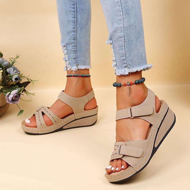 Women's Fashion Trend Wear Comfortable Matching Color Sole Pure Black Shoe Velcro Wedges Heels Designer Sandals