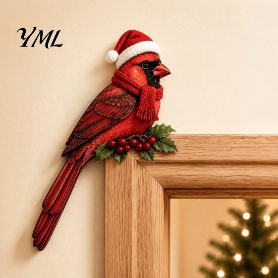 Festive Home Wall Decor Wooden Bird Door Topper, Cute Christmas Corner Statue, Woodland Animal Frame Topper Art Sign for Winter Holiday Window Decor,