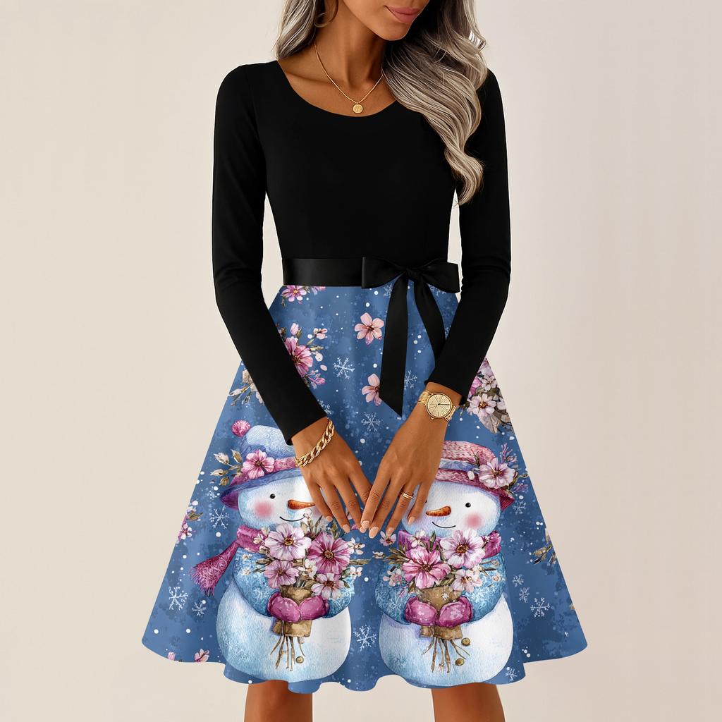 Women's Casual Fashion Round Neck Long Sleeve Christmas Printed Party Vintage Long Dresses