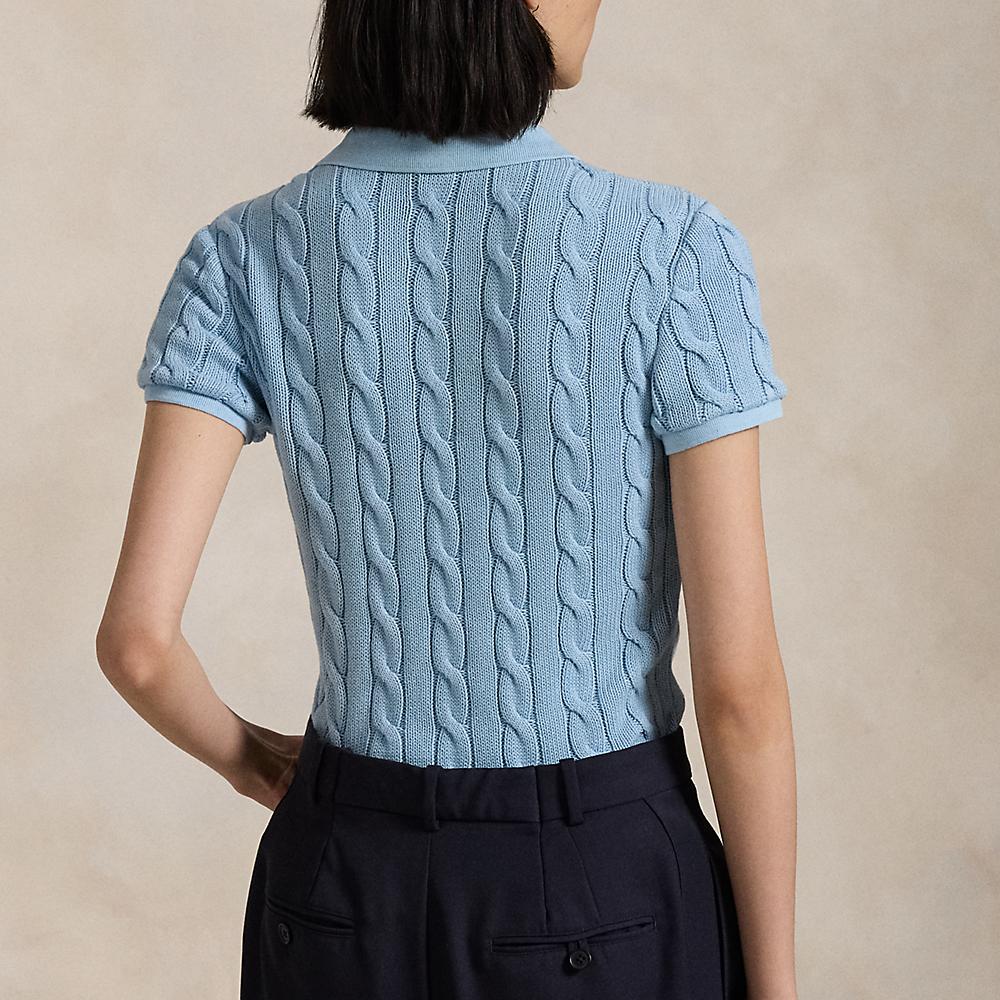 Polo Ralph Lauren Solid Cable Knit Slim Fit Short Sleeve Polo Shirt Women tops Blue WMPOKNINB920219400