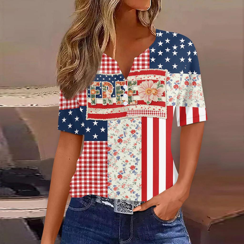 Women's Fashion Casual Independence Day Print V-Neck Short Sleeve Button-Up T-Shirt Top