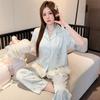 Pajamas Women's Summer Ice Silk Short-sleeved Trousers Set High-end Hot Silver Bow Loungewear Thin Can Be Worn Outside