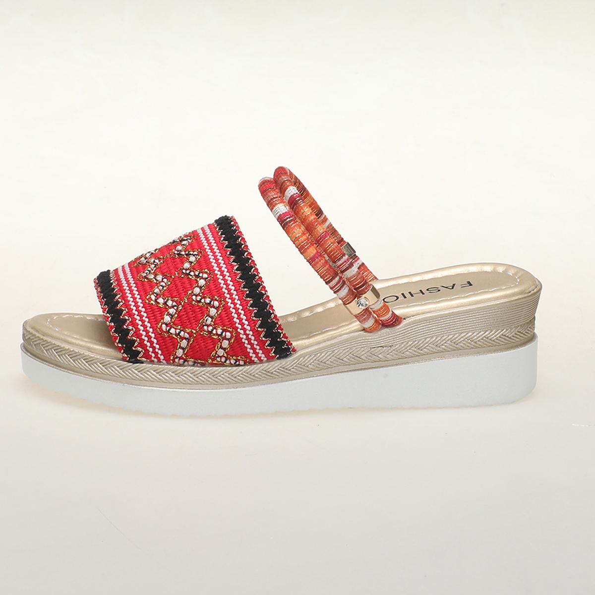 

2024 Летние женские босоножки на танкетке, пляжные сандалии в богемном этническом стиле, эспадрильи ручной работы, тапочки на платформе, женские шлепанцы 42 красный