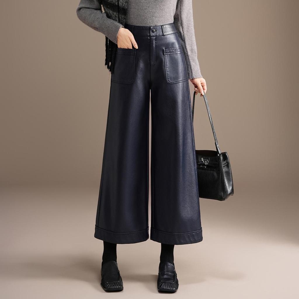 Pantalones de Cuero de Pierna Ancha Talla Grande de Cintura Alta para Mujer - Diseño Casual Recto de Terciopelo Corto Otoño/Invierno