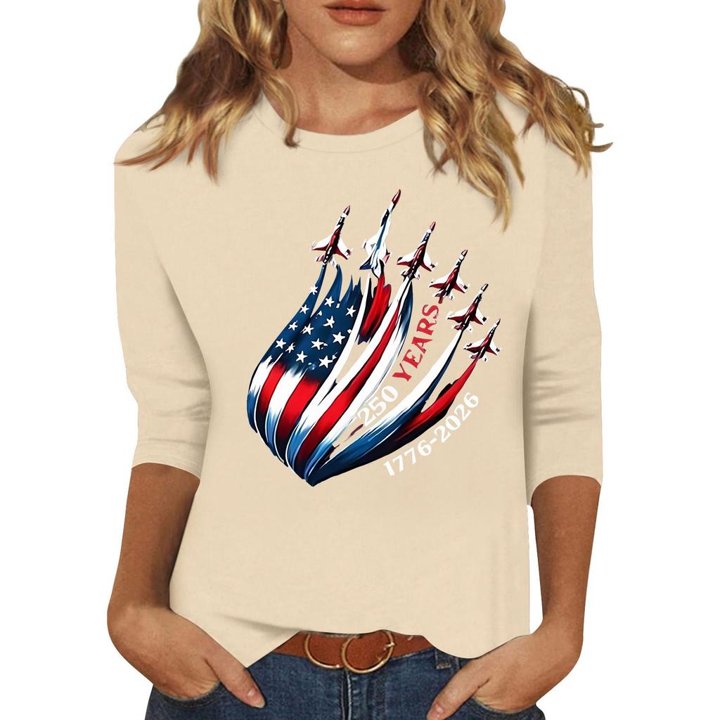Women's Fashionable Casual Three-Quarter Sleeve 250th Anniversary Independence Day Print Neck Sweater