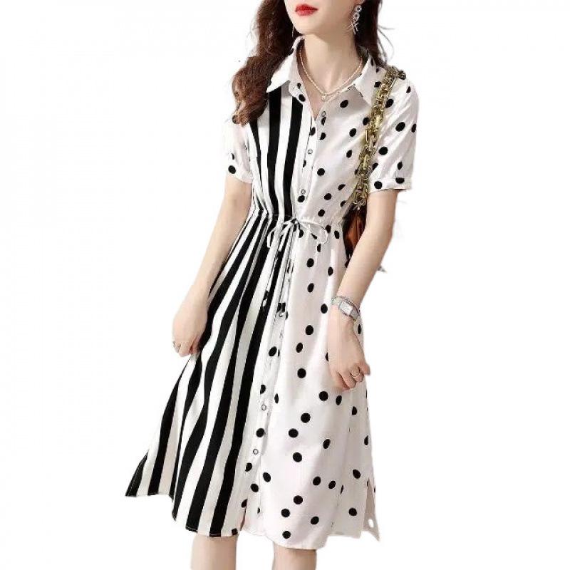 Plus Size Polka Dot Shirt Dress with Waist-Cinching Vertical Stripes and Polo Collar (80-300 Jin), Casual Summer Wear