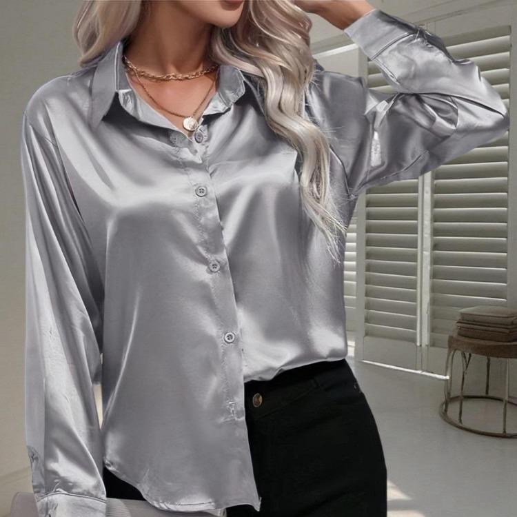 Elegant Satin Long Sleeve Blouse Women Summer Spring Casual Shirt Faux Silk Tops Single Breasted Basic Shirts