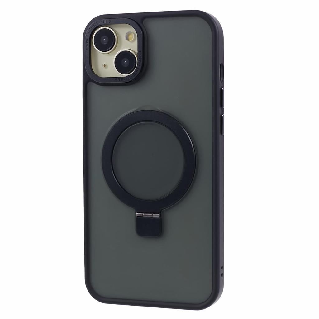 For iPhone 15 Plus Skin-touch Phone Case Kickstand Design TPU+PC+Magnet+Metal Shell Compatible with MagSafe