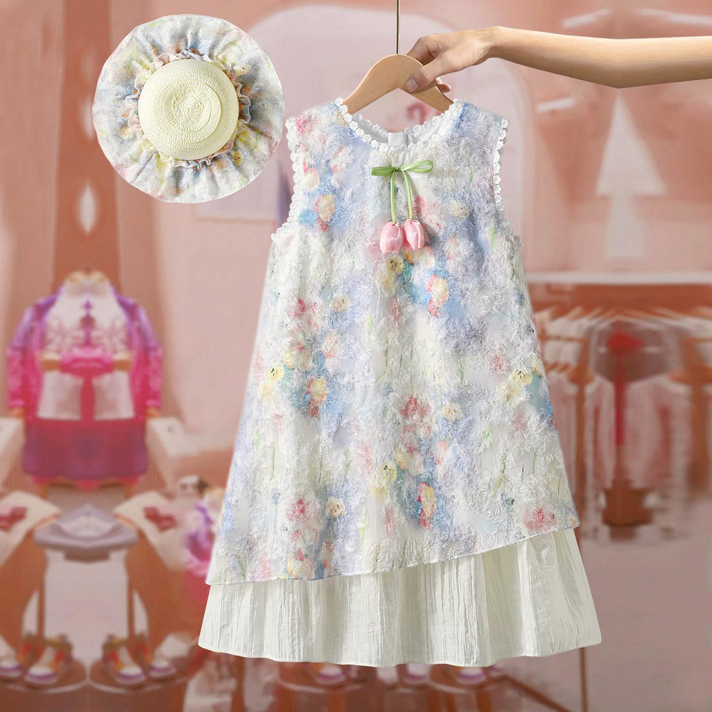 Girls Summer Floral Sleeveless Vest Dress Double Layer Cherry Bow Princess Dress 100cm
