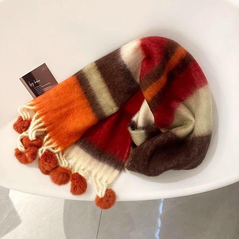 Vinter Dopamin Regnbågsrandig Tjock Varm Borstad Frans Pälsboll Scarf