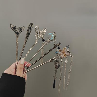 New Chinese Style National Style Temperament Butterfly Pearl Curved Moon Tassel Ancient Style Hairpin Senior Sense of Simple Coiled Hairpin Children