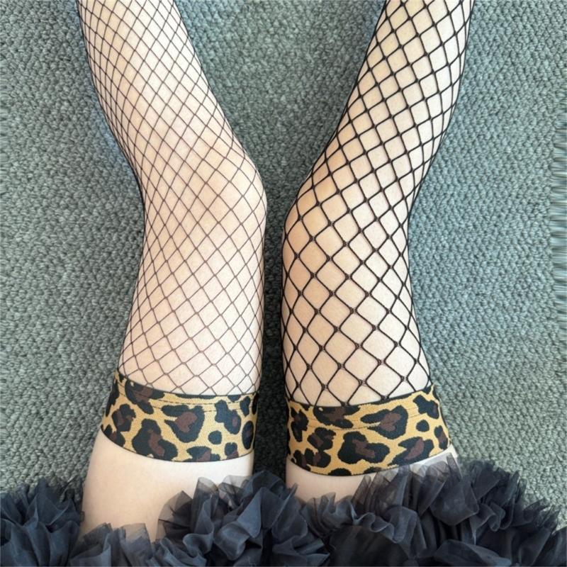 1 Pair Elastic Fishnets Thigh High Stockings Leopards Edges Design Comfortable Nylon Over Knee Fishnets for Women