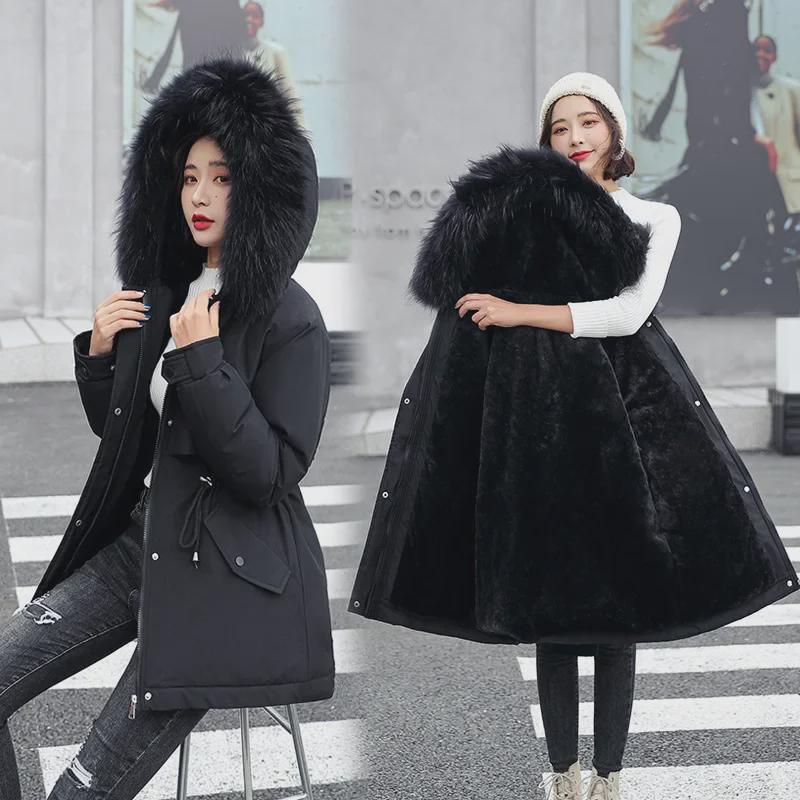 Women's Casual Mid-Length Korean Style Cotton Jacket with Fur Collar