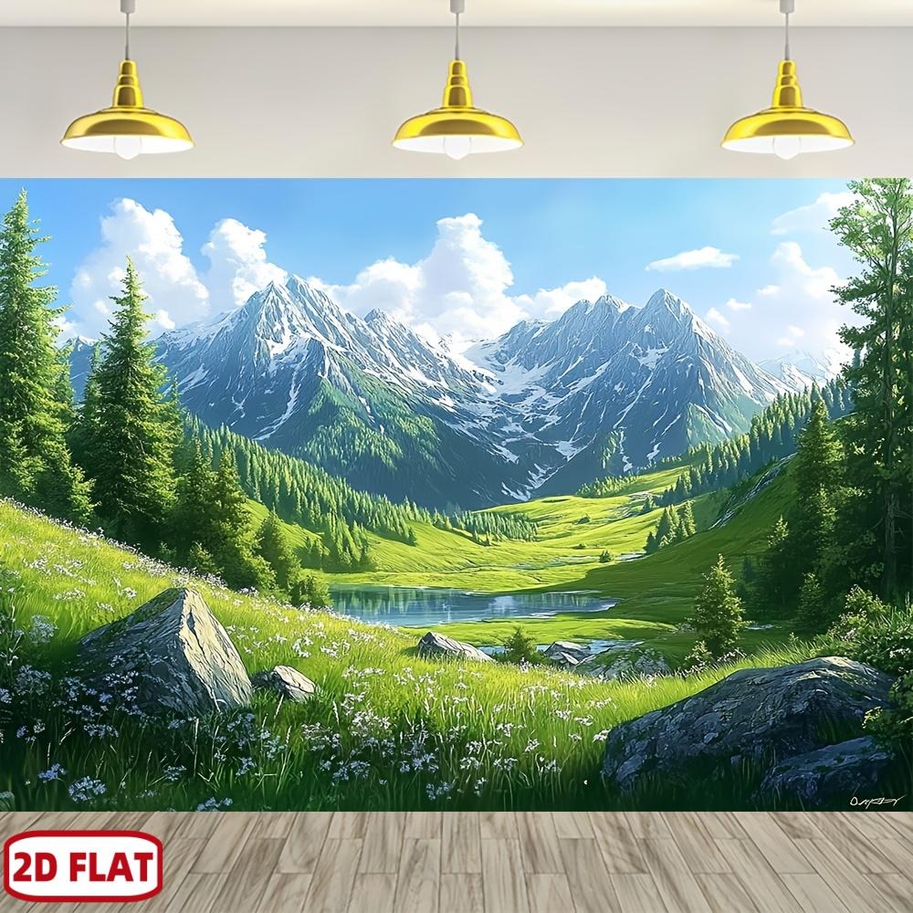 2D Plane Background Fabric of Mountain Forest and River Scenes Featuring Snow-capped Mountains Green Grassland and Blue Sky