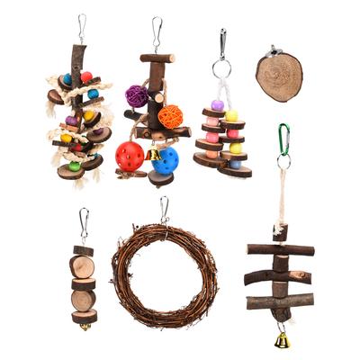 Ensemble de 7 jouets à mâcher pour perroquet, bois, corde en coton, feuilles de maïs, métal avec cuir