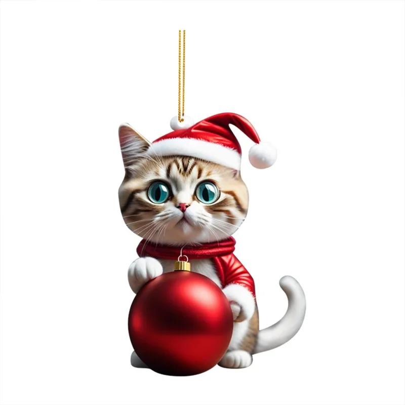 1-10PCS Christmas Acrylic Car Hanging Ornament Cat Santa Hat Tree Pendant Holiday Home Decoration Xmas Party Supplies