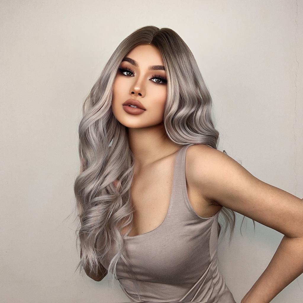 HENRY MARGU Dlouhá střední část Vlnitá syntetická paruka pro ženy Ombre Šedá Světle popelavá Blond Paruky Tmavé kořeny Umělé vlasy při vysoké teplotě