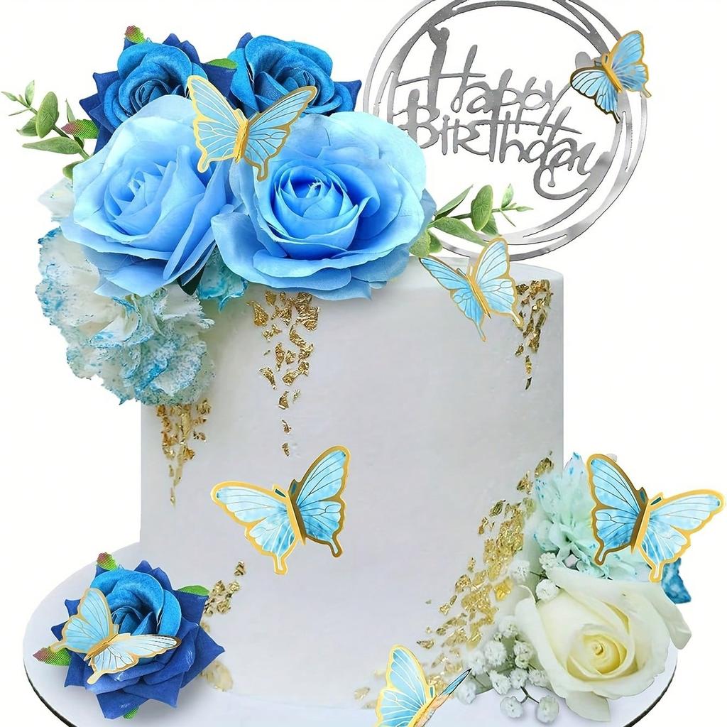 19 BUC Toppere Florale pentru Tort Fluturi La Mulți Ani Decorațiuni Tort cu Flori Artificiale de Trandafir Albastru Eucalipt Fluturi
