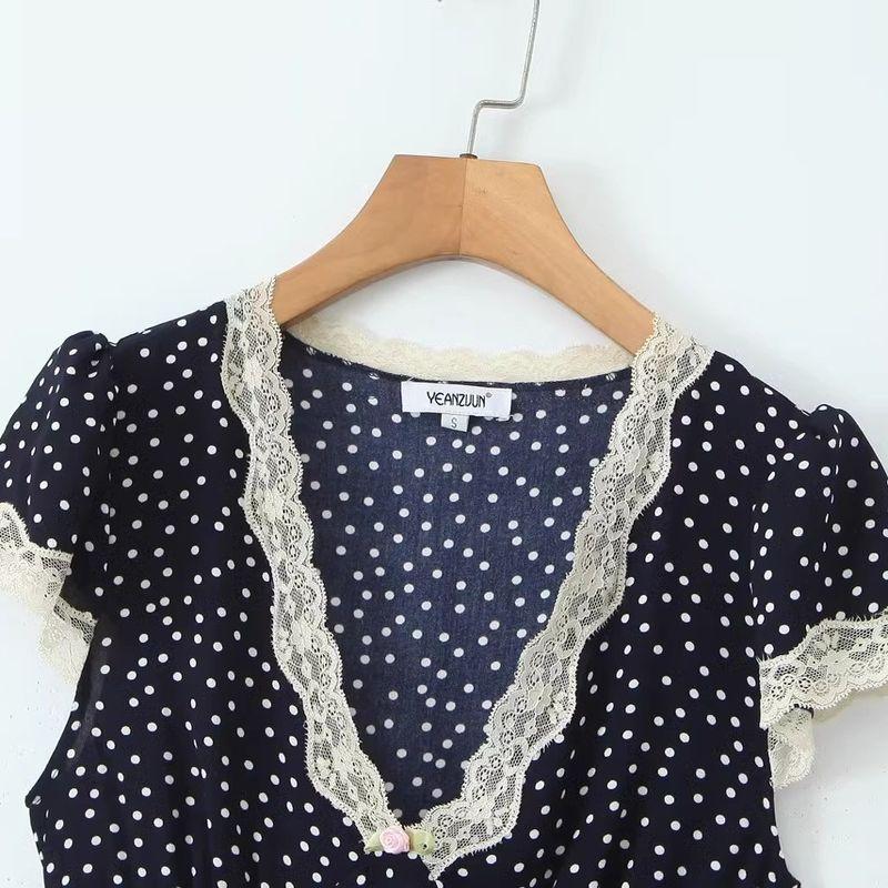 Za Summer New Arrivals Women's Clothing Zr European and American Style V-Neck Waist-Cinching French Lace Patchwork Polka Dot Short-Sleeve Dress