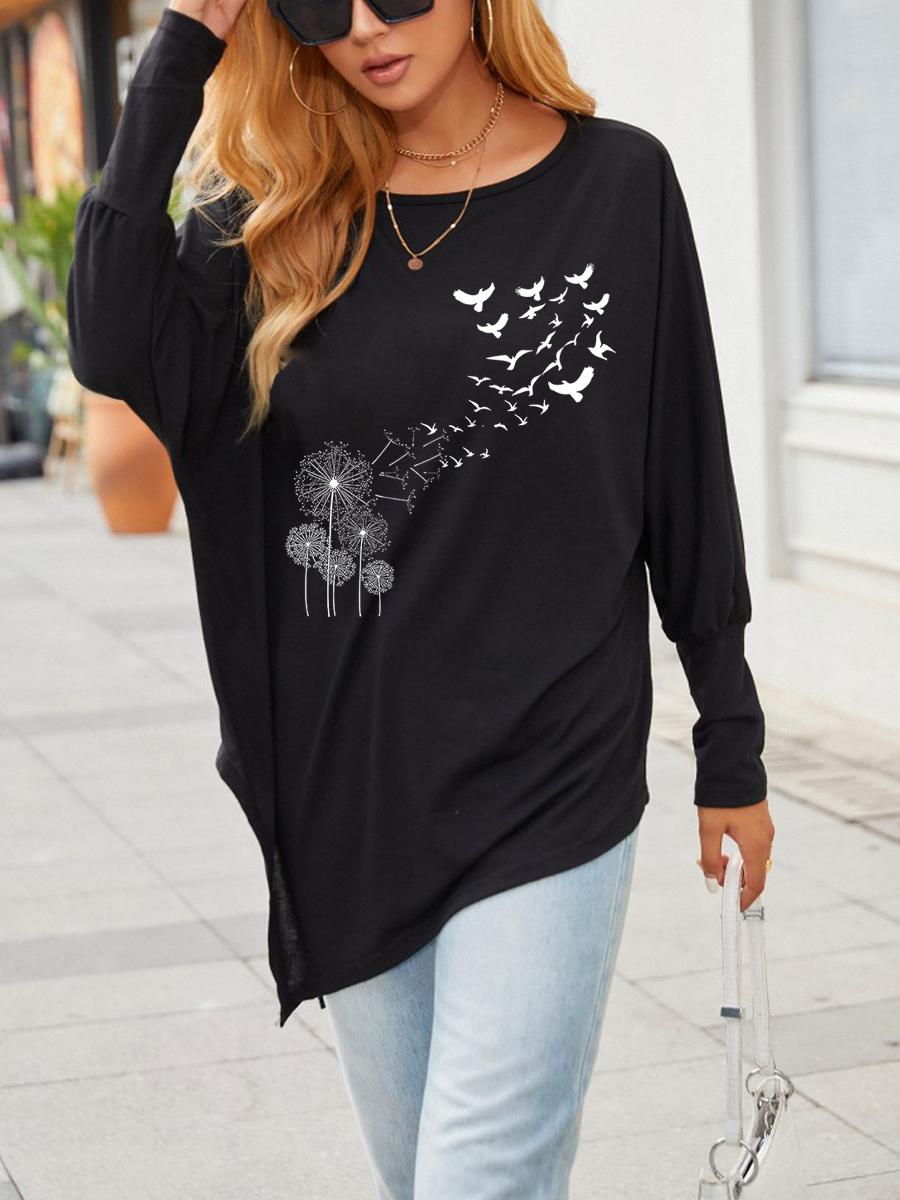 

Women s Oversize Long-Sleeve Fashion Printed Logn Sleeve Top Spring/Fall Asymmetrical Hem T-Shirt S чёрный