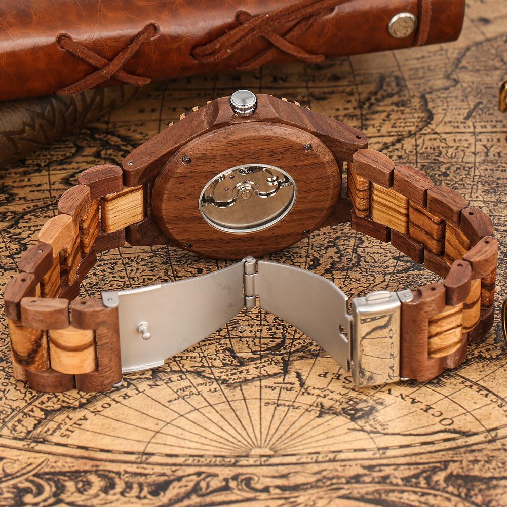 Tourbillon Skelettiertes 24-Stunden Mondphasenzifferblatt Herren Vollautomatische Mechanische Holzuhr Freizeit- und Geschäftszubehör