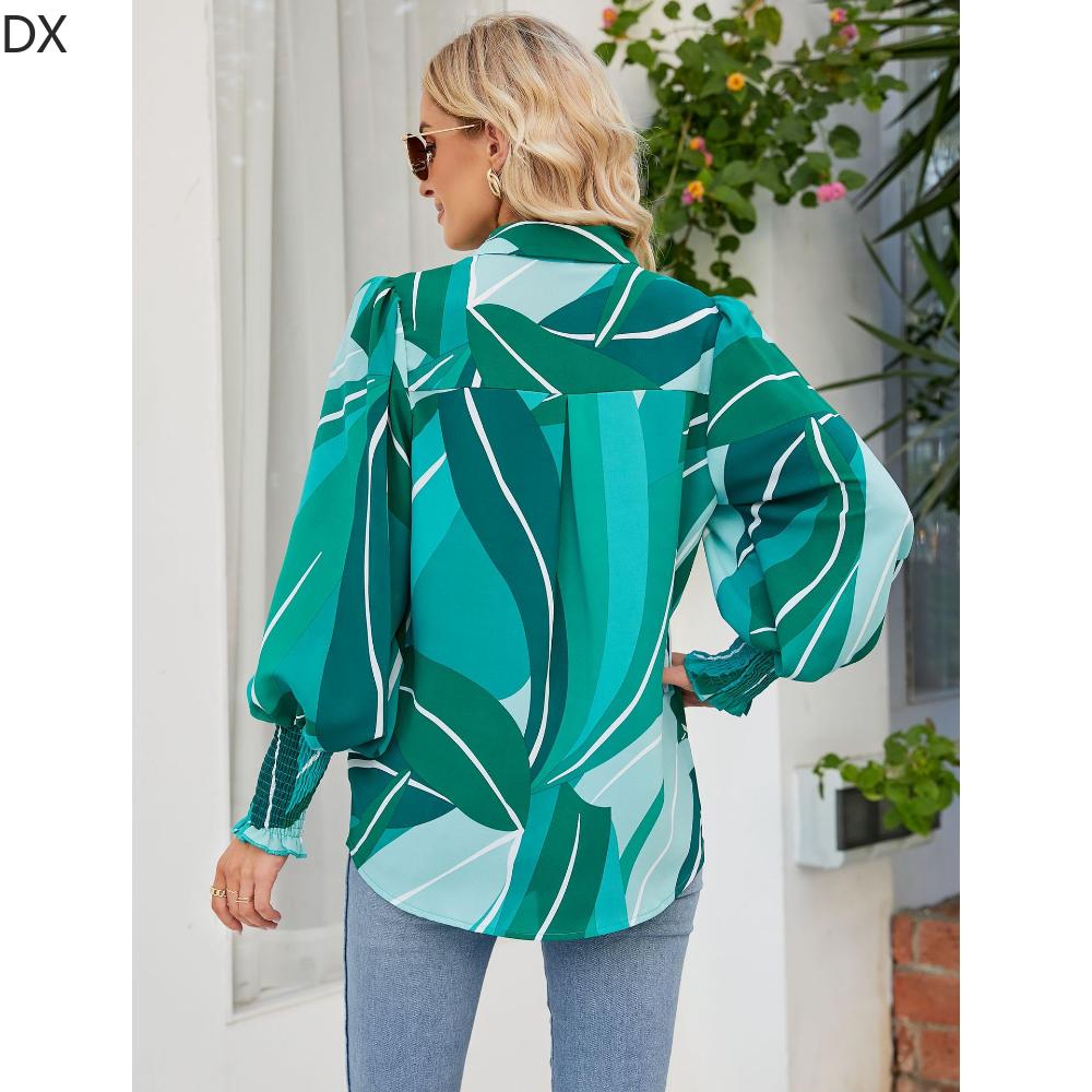DX2018-8127 # - New Top Casual Print Bubble Shoulder Lantern Long Sleeve Shirt Women