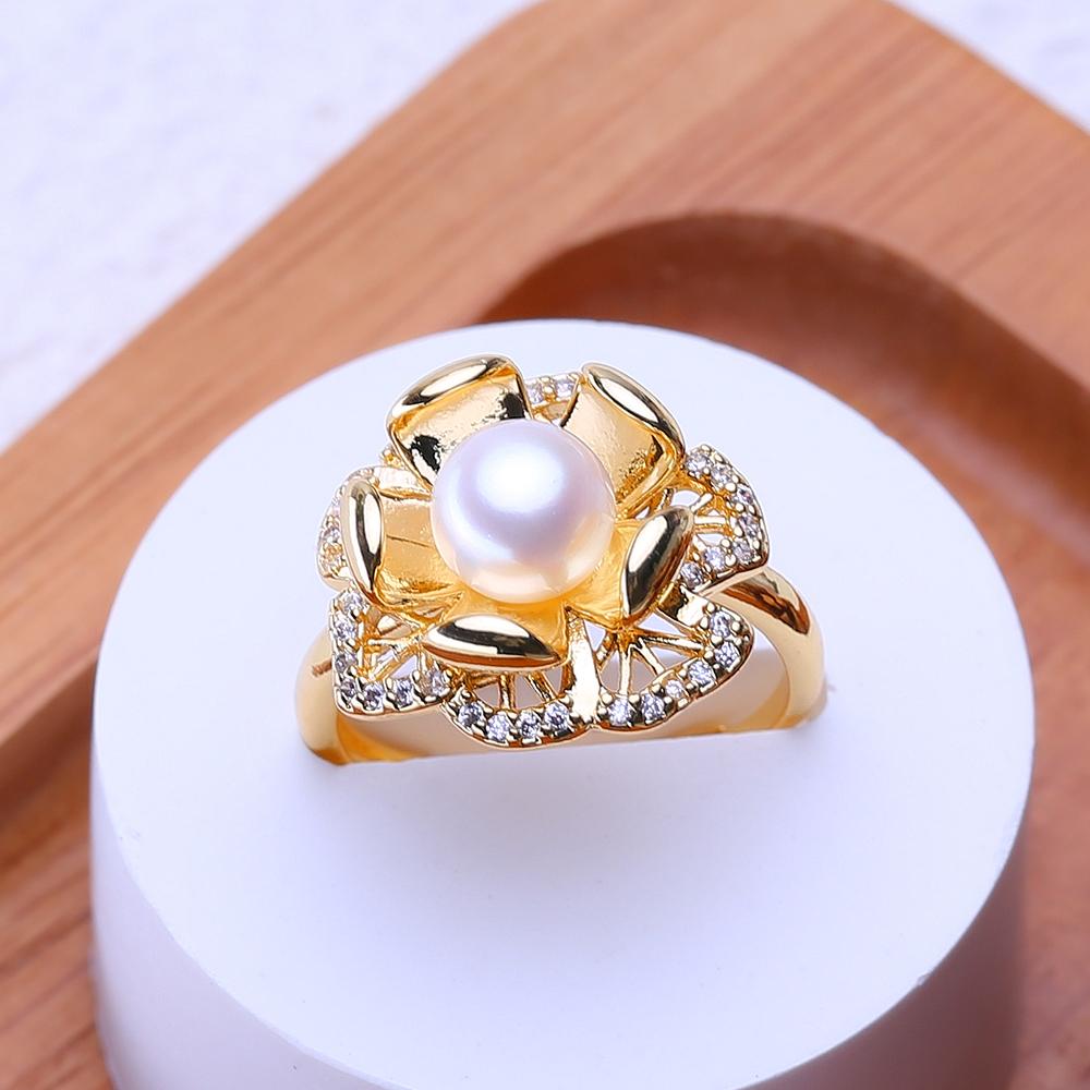 LSOOYH Freshwater Pearl Rings for Women Luxury Wedding Party Gold Color Flower Ring,Birthday Gifts