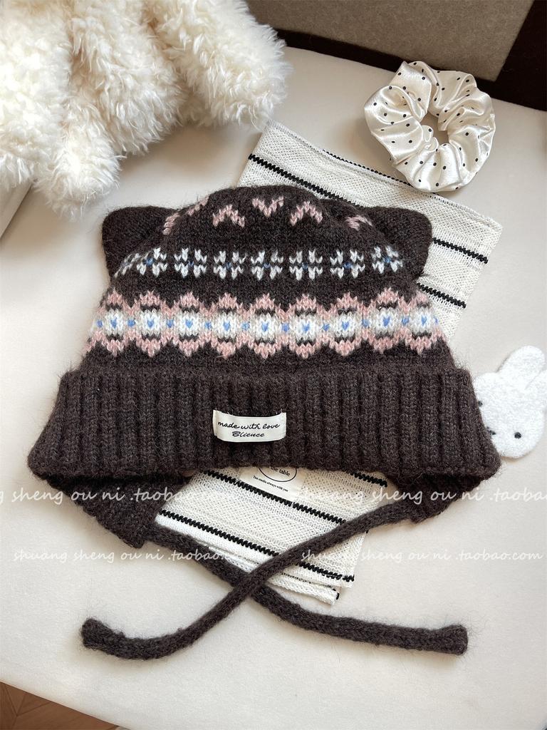 Cute cat ears Fair Island wool hat women's winter plush warm hat headband hat knitted hat shows a small trend