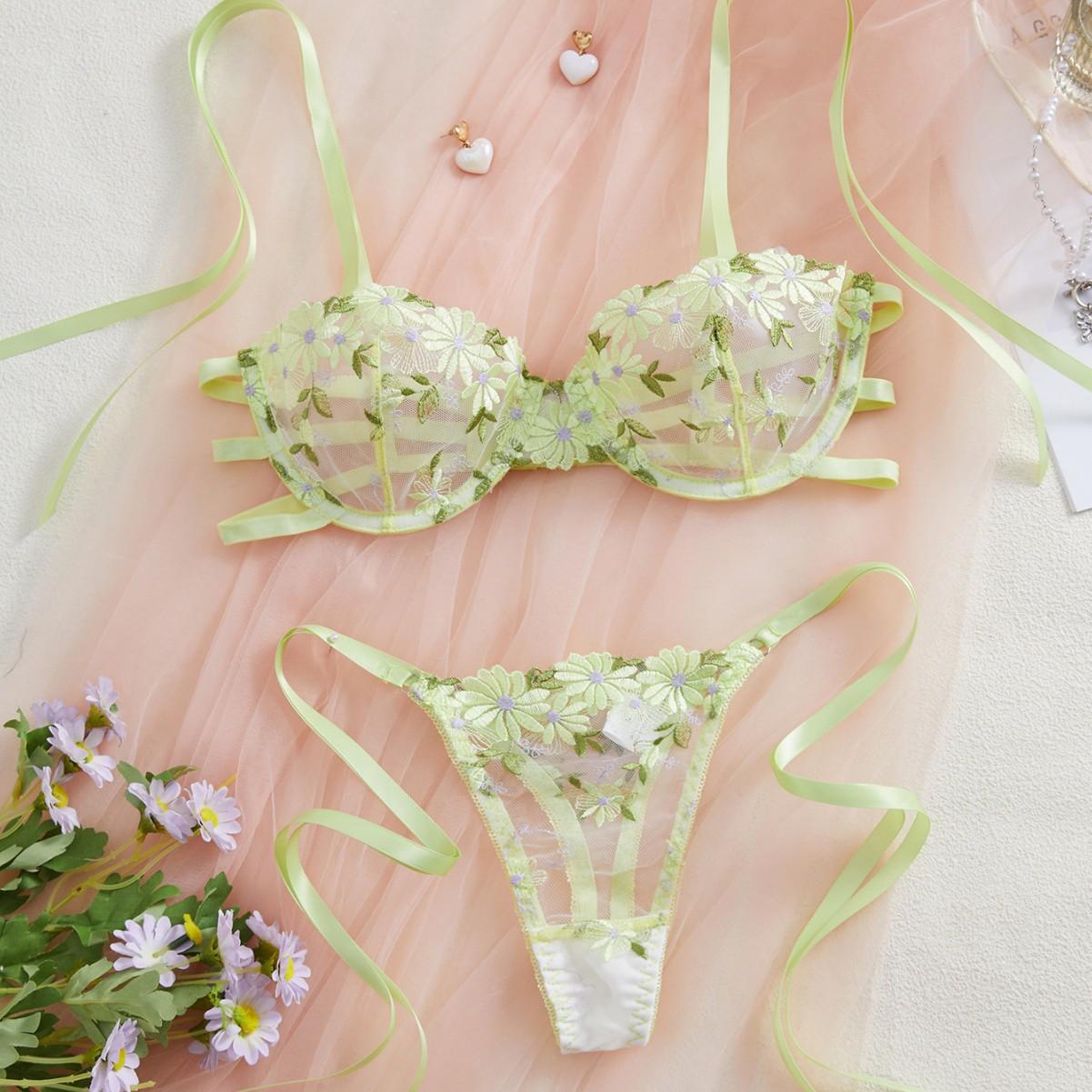 

Autumn New Flower Embroidery Light Green Sexy Lingerie Set Pure Perspective Lace Bra XL