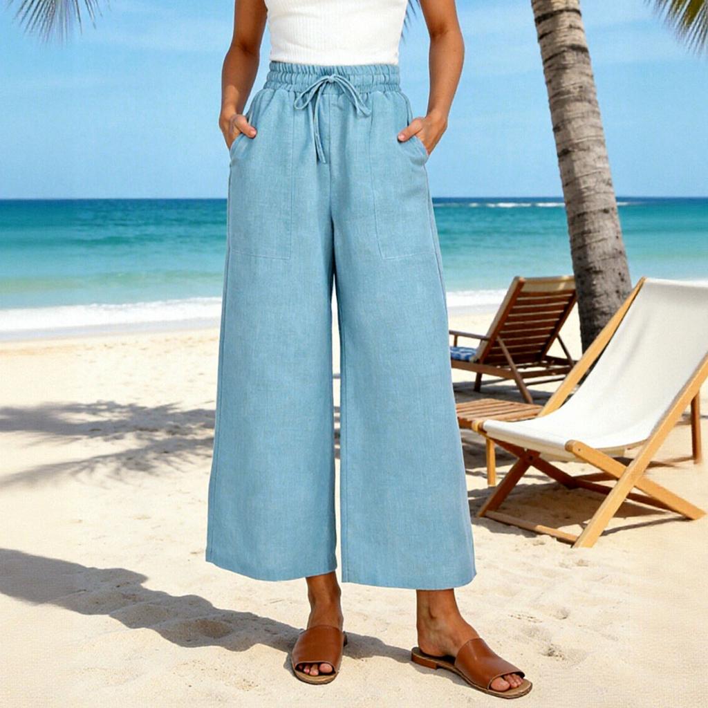 Women's Mid-length Color Drawstring Casual Pants, High-waisted, Loose Wide-leg Pants