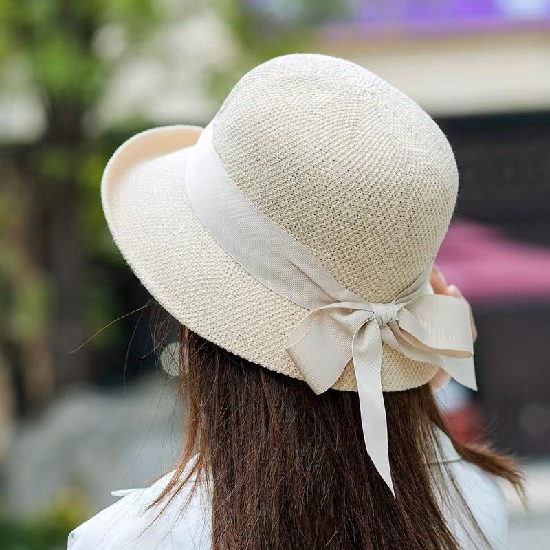 

Банты Весенне-летняя Солнцезащитная Шляпа-панама Британский Стиль Цилиндр Солнечная шляпа Дорожная Складная Шляпа-колокол Соломенная шляпа Beige-High quality front crimp ribbon Bows