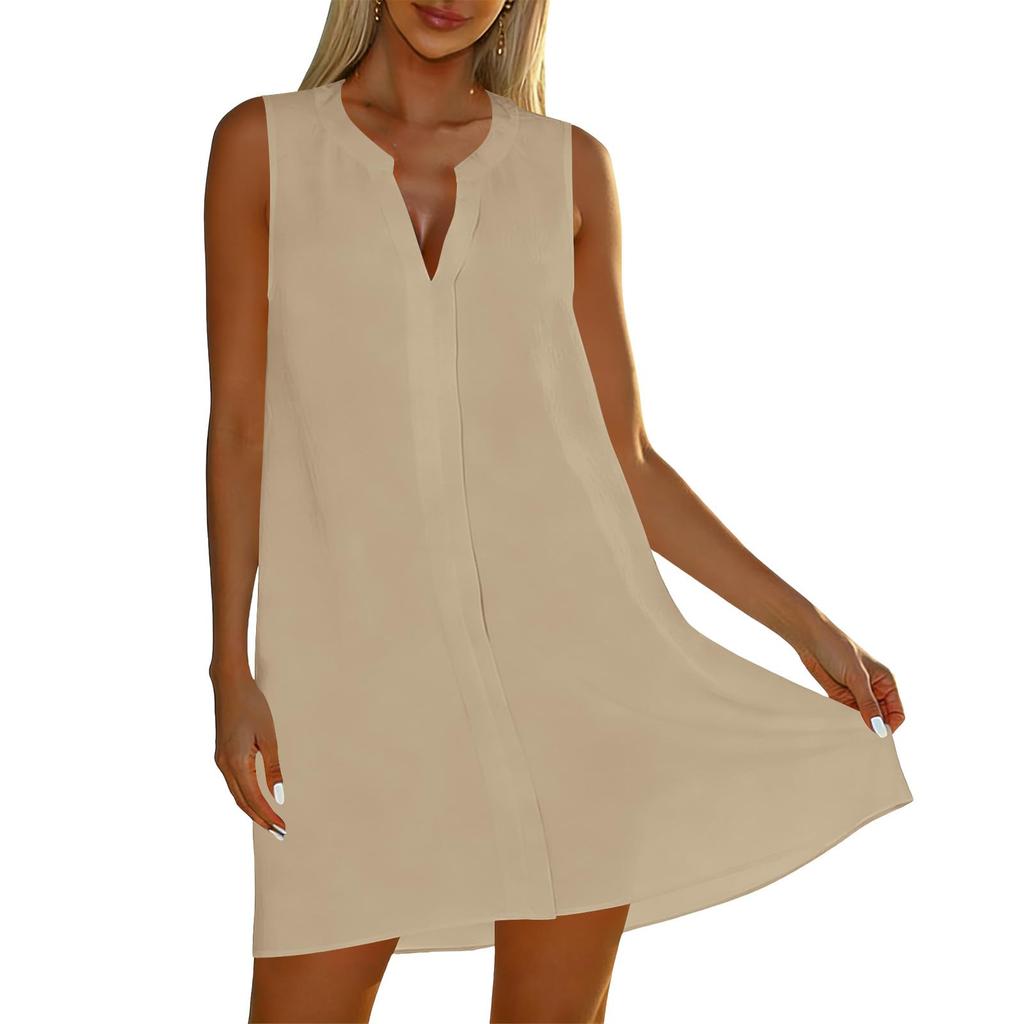 Women Sleeveless Dress Cut V Neck Tank Dress Pleated  Dresses