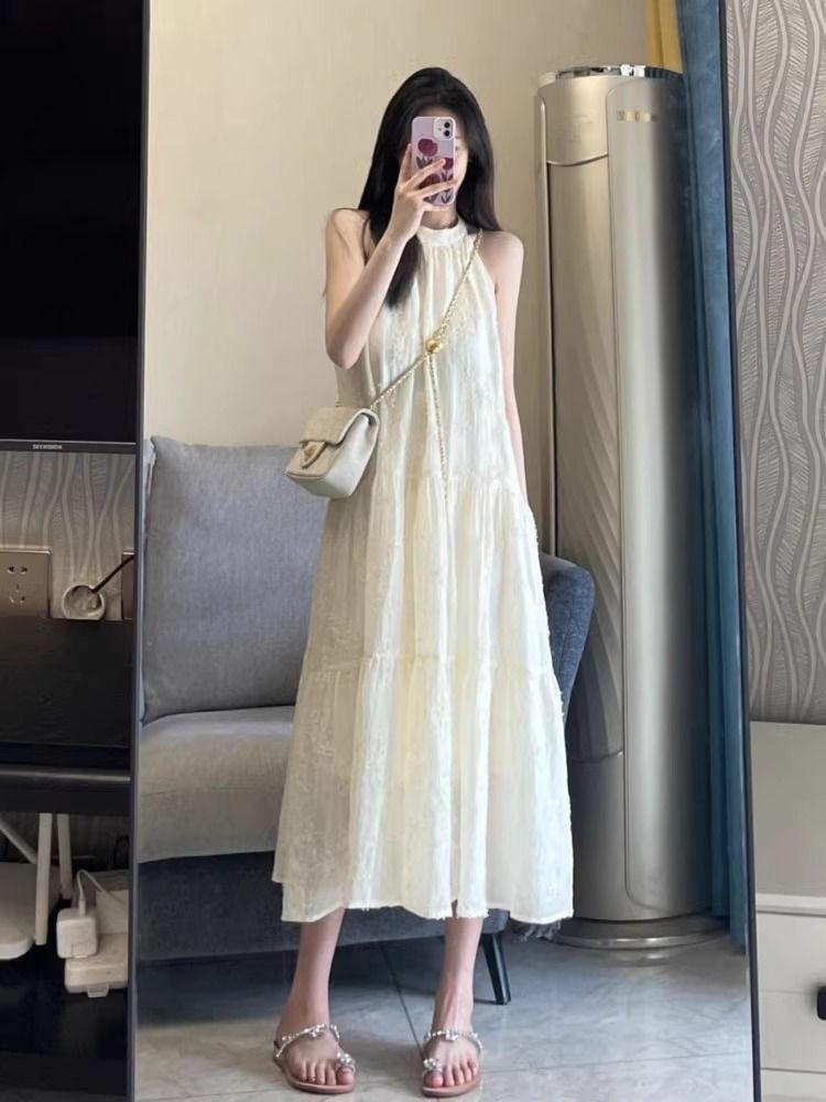 Beautiful neck French off-the-shoulder dress women's summer new sleeveless coffee break seaside vacation long skirt