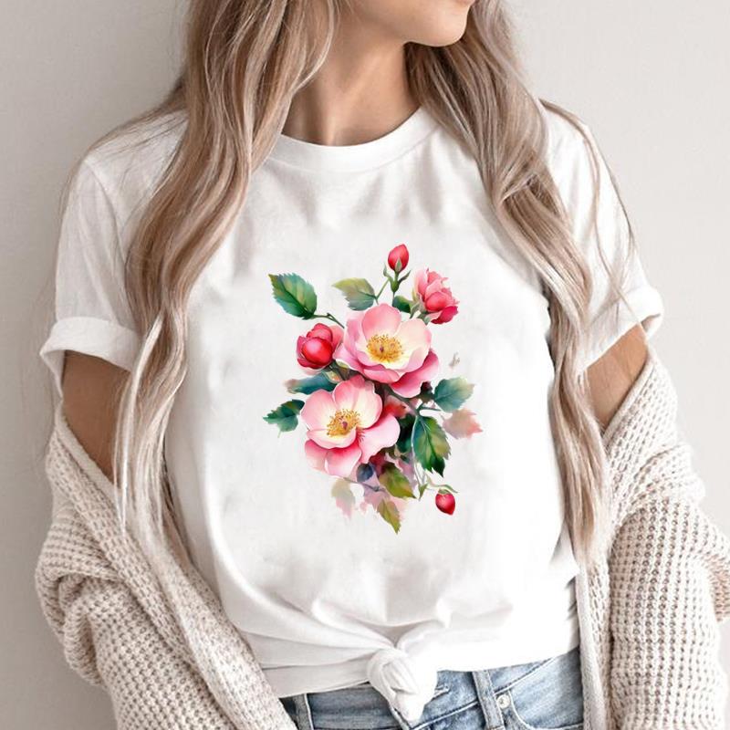 (Asian Size) lovely flower style 90s O-neck Short Sleeve T-shirts Print Casual Top T Graphic Tee Fashion Female Women's Clothing