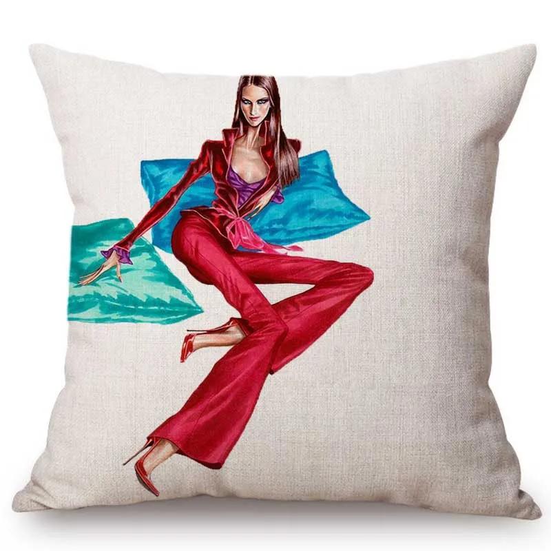 Fashion Lady Design Art Salon Beauty Store Decoration Throw Pillow Case Fashion Magazine Hand Drawing Art Girl Car Cushion Cover