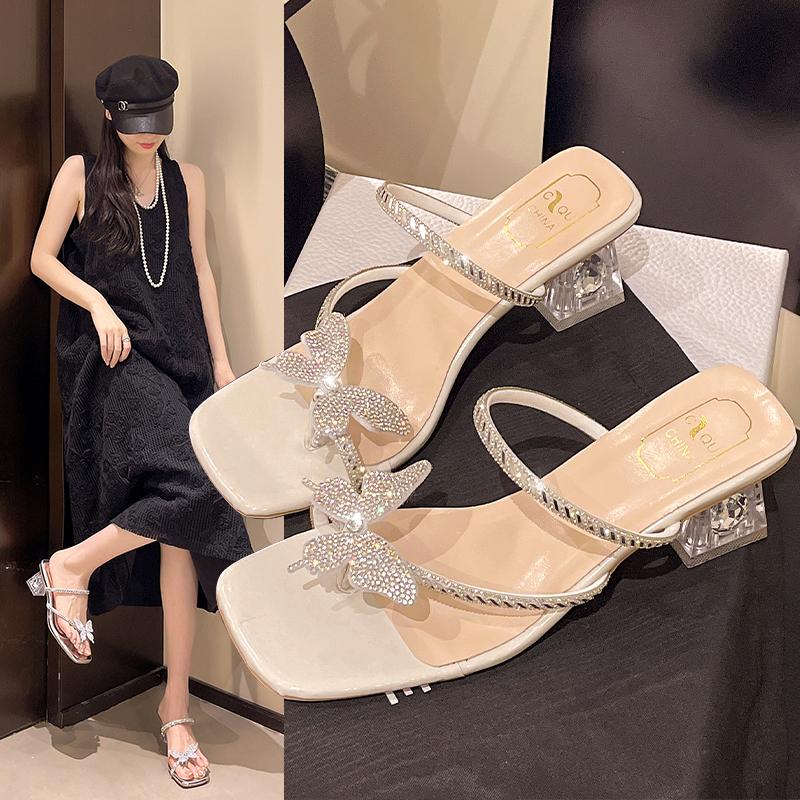 Fashion Women Wearing Bow Sandals Summer New Style Wear Thick Heels Fashion French Transparent Fairy Wind Cool Slippers Zapatos Mujer