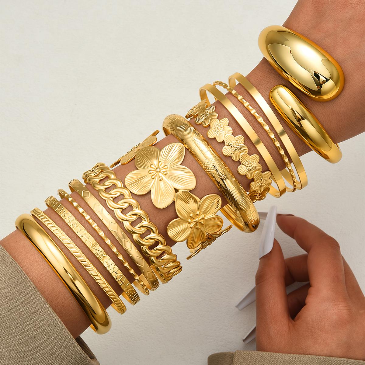 

13 Pcs Vintage Minimalist Flower Hollow Chain Bangle Set For Women Fashion Gold Color Water Drop Bracelet Daily Party Jewelry
