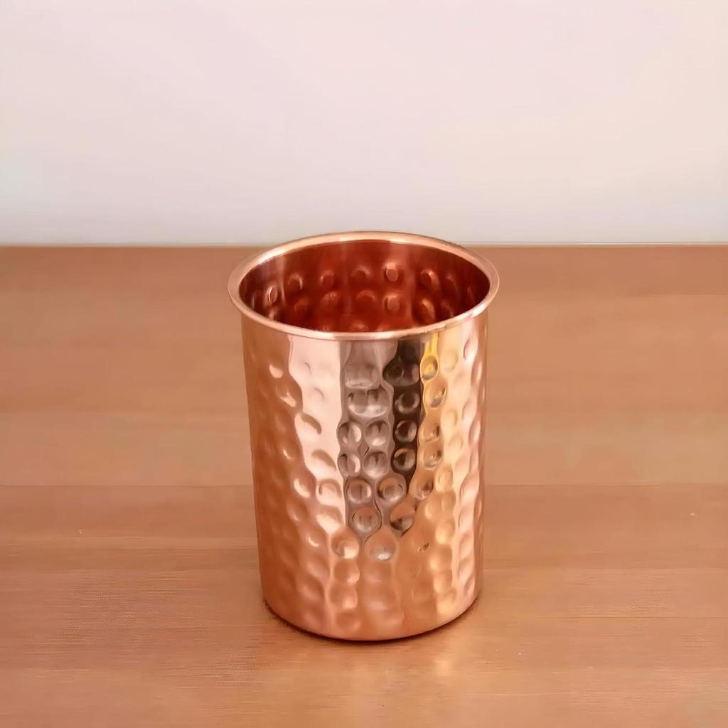 Pure Copper Hammered Tumbler 300ml | Ayurvedic Drinking Glass for Water | Traditional Handcrafted Copper Utensil – 2Pcs Set